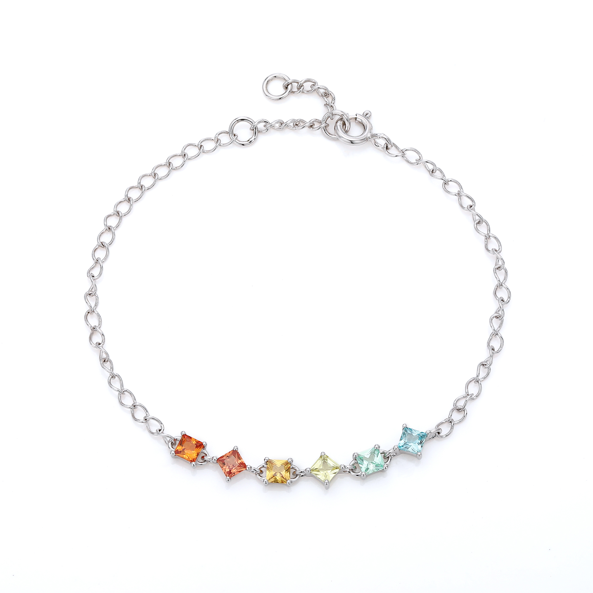 S925 Argent Sterling Rainbow Lab-Grown Bracelet de pierres précieuses 16cm carré coupe platine plaqué G
