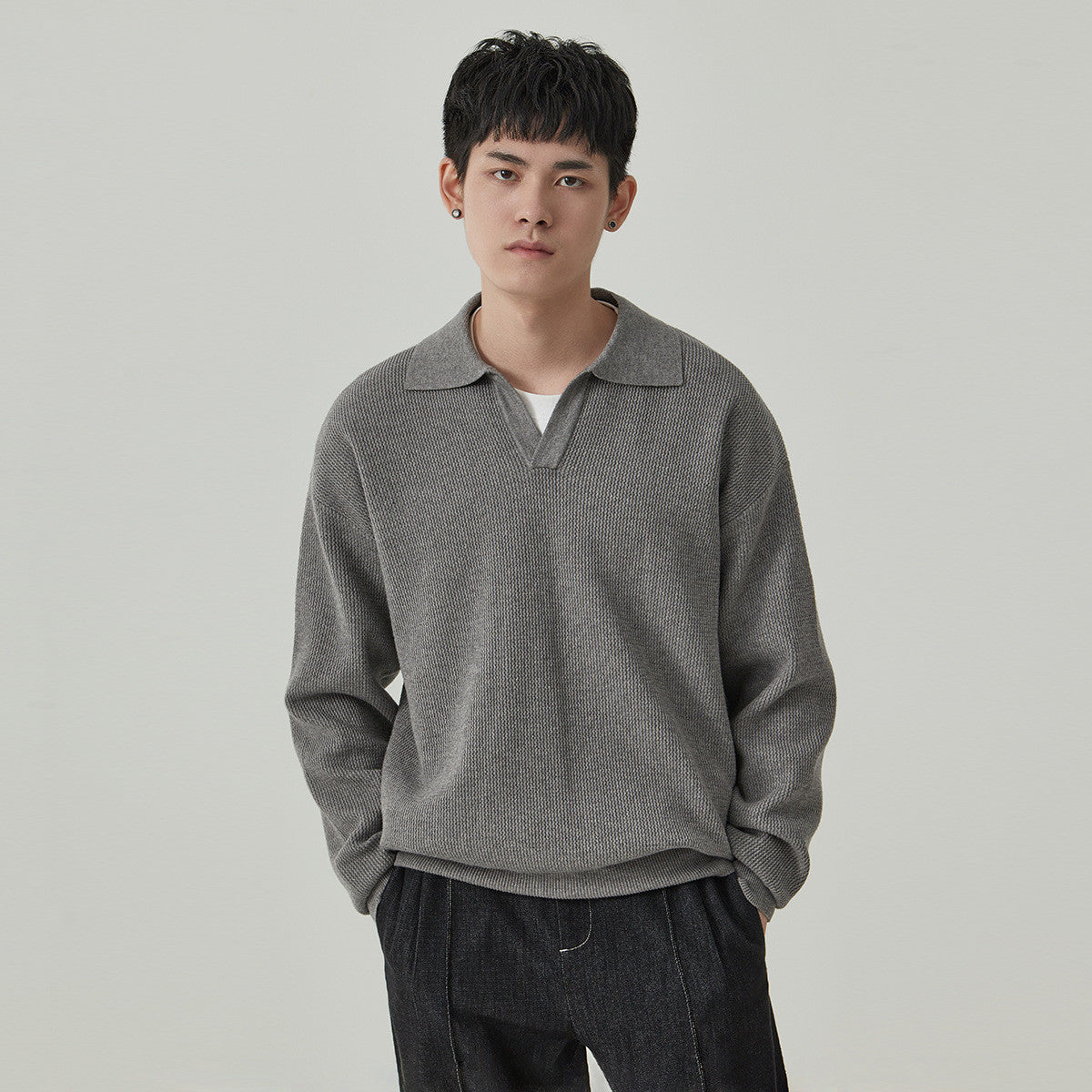 Lapel Sweater Men's Autumn Anti-Pilling col V Long Sleeve Top