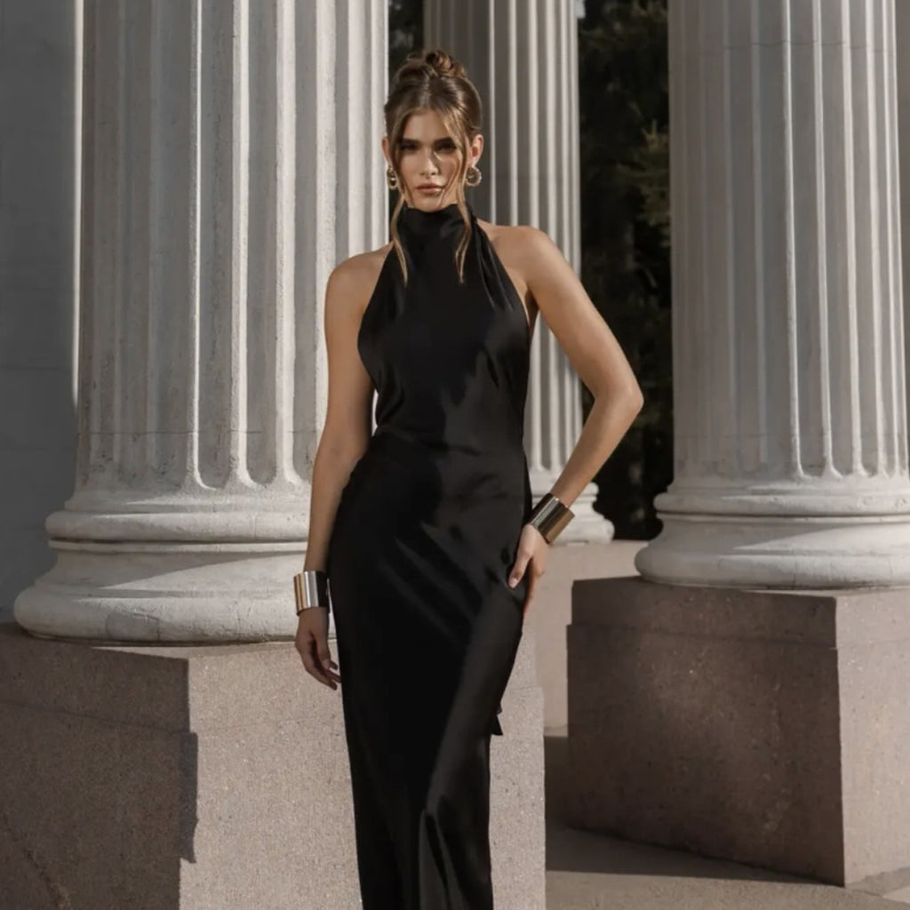 Vintage haute col Halter sirène satinée soirée Gown