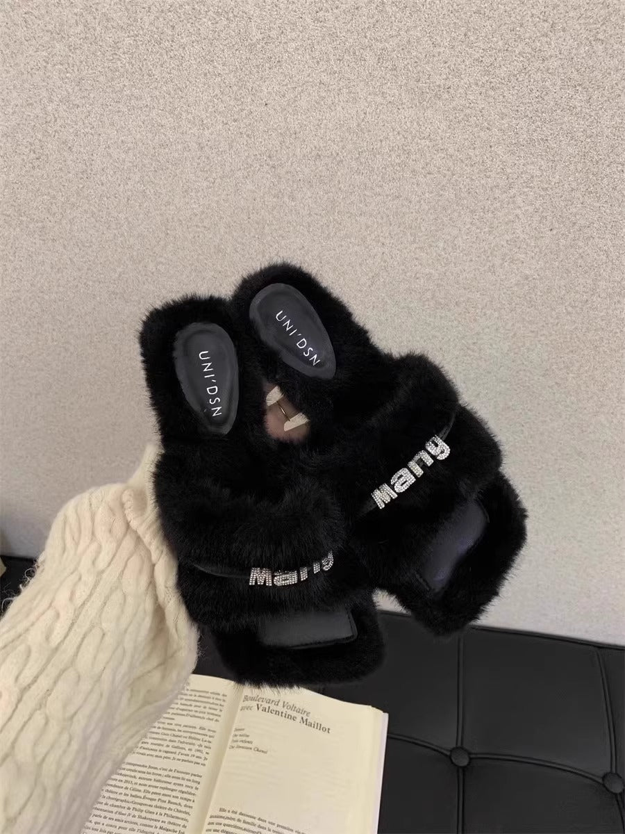 Fuzzy Diapositive Sandales Femmes Automne Extérieur Porter Français Style Strass Fuzzy Chaussures Bloc Il
