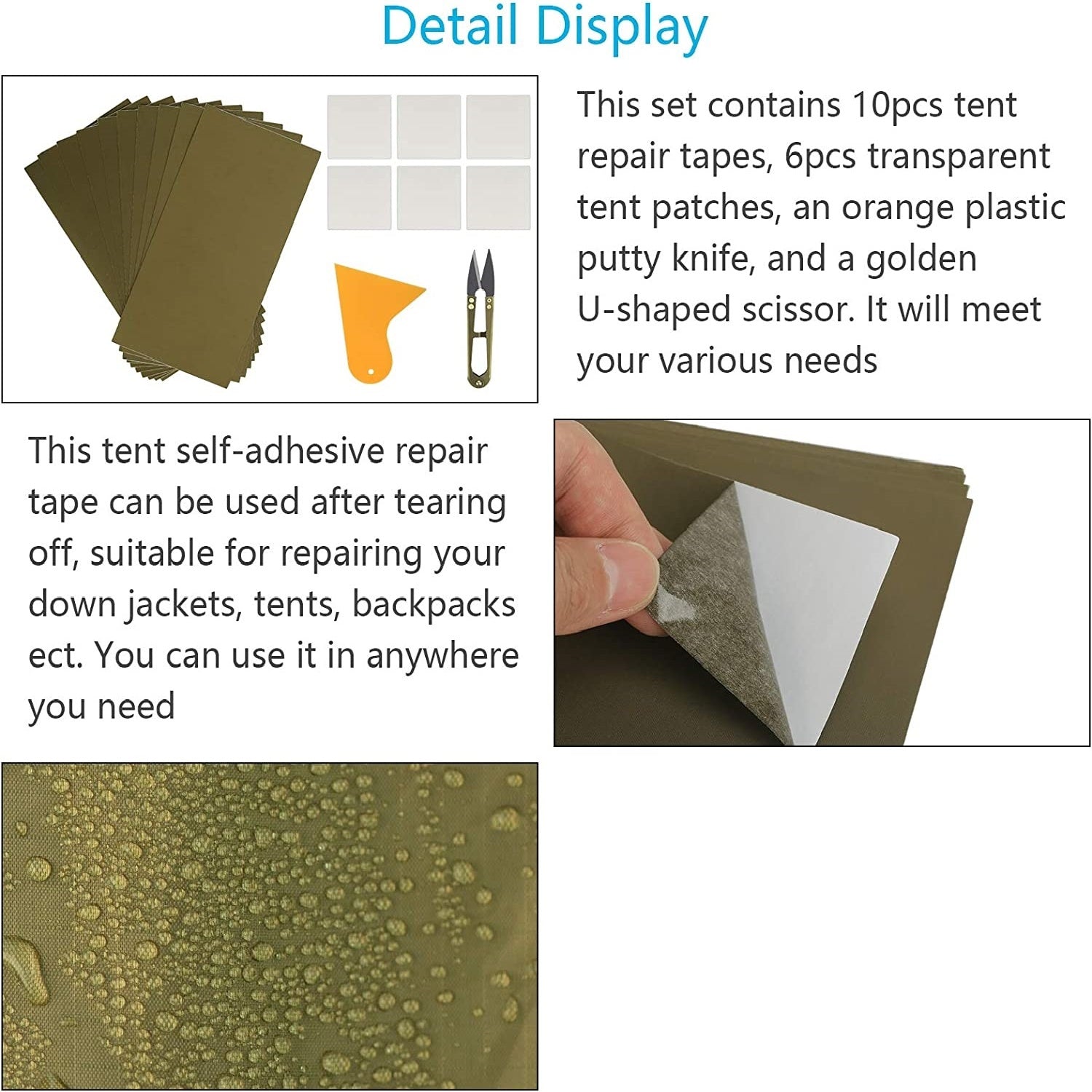 Kit de réparation de tente avec 6 Patchs et 10 bandes adhésives vertes – un kit de réparation pratique pour quand