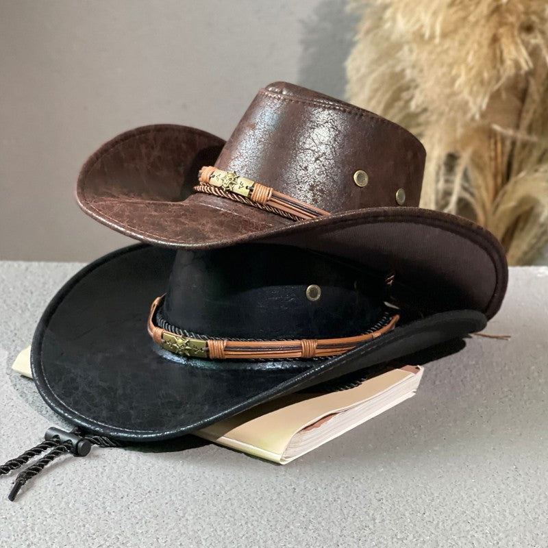 Chapeau en cuir rétro ethnique Western Denim