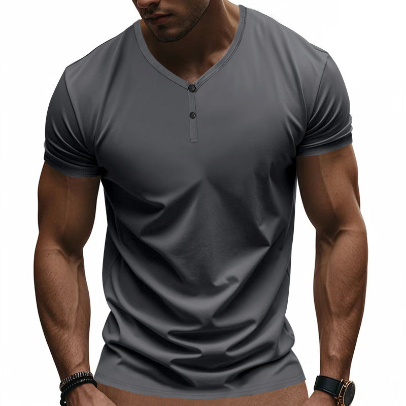 T-Shirt Henry-Neck Retro Loose Fit Stretchy Quick-Drying Breathable Short-Sleeved Summer S