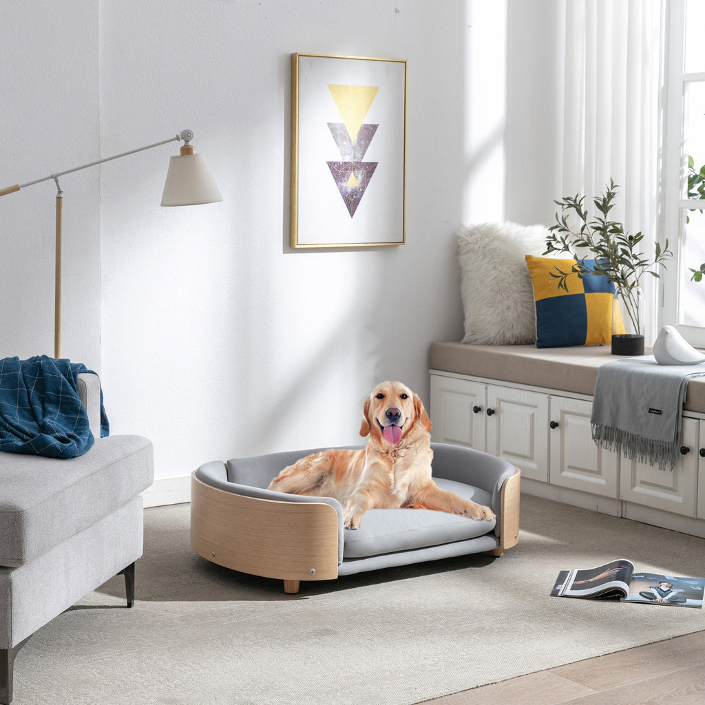 Style scandinave Lit de chien élevé Canapé pour animaux avec pieds en bois massif et dos en bois bent