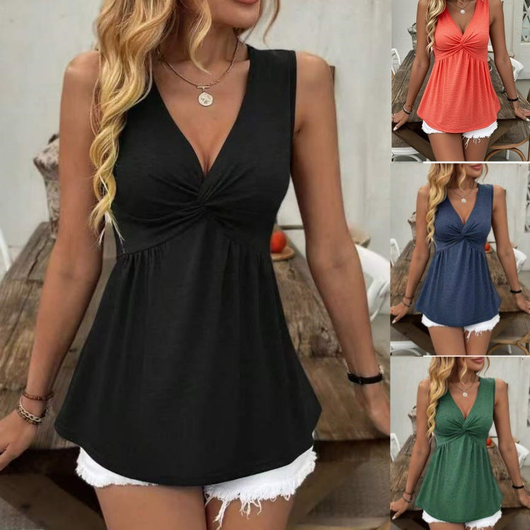 European And American Sleeveless V-neck Design avec une poitrine tordue et ridée