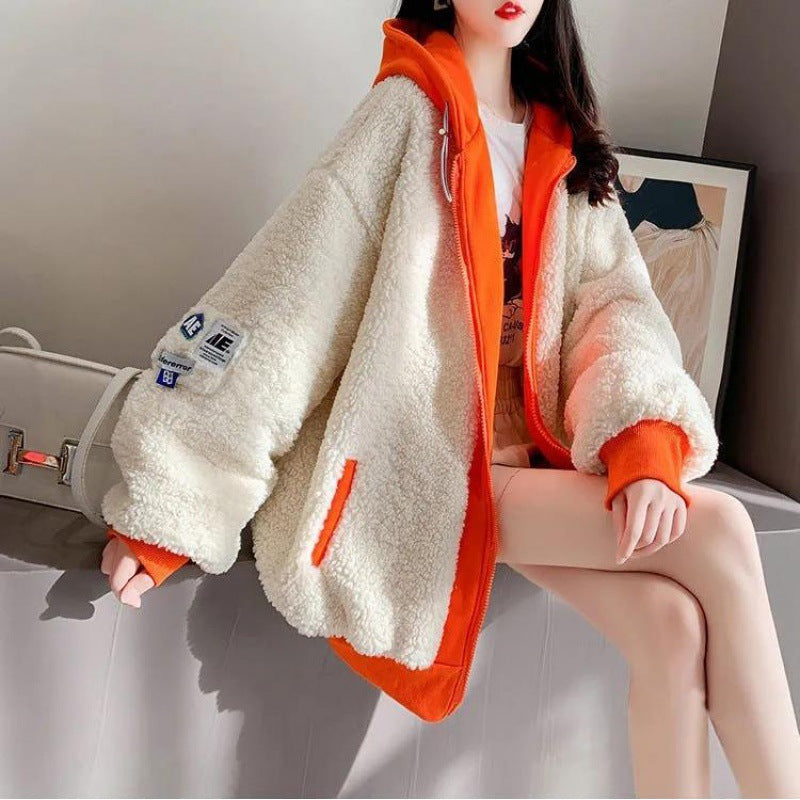 Patchwork de style coréen à capuche à capuche en bloc de couleur Manteau pour femmes