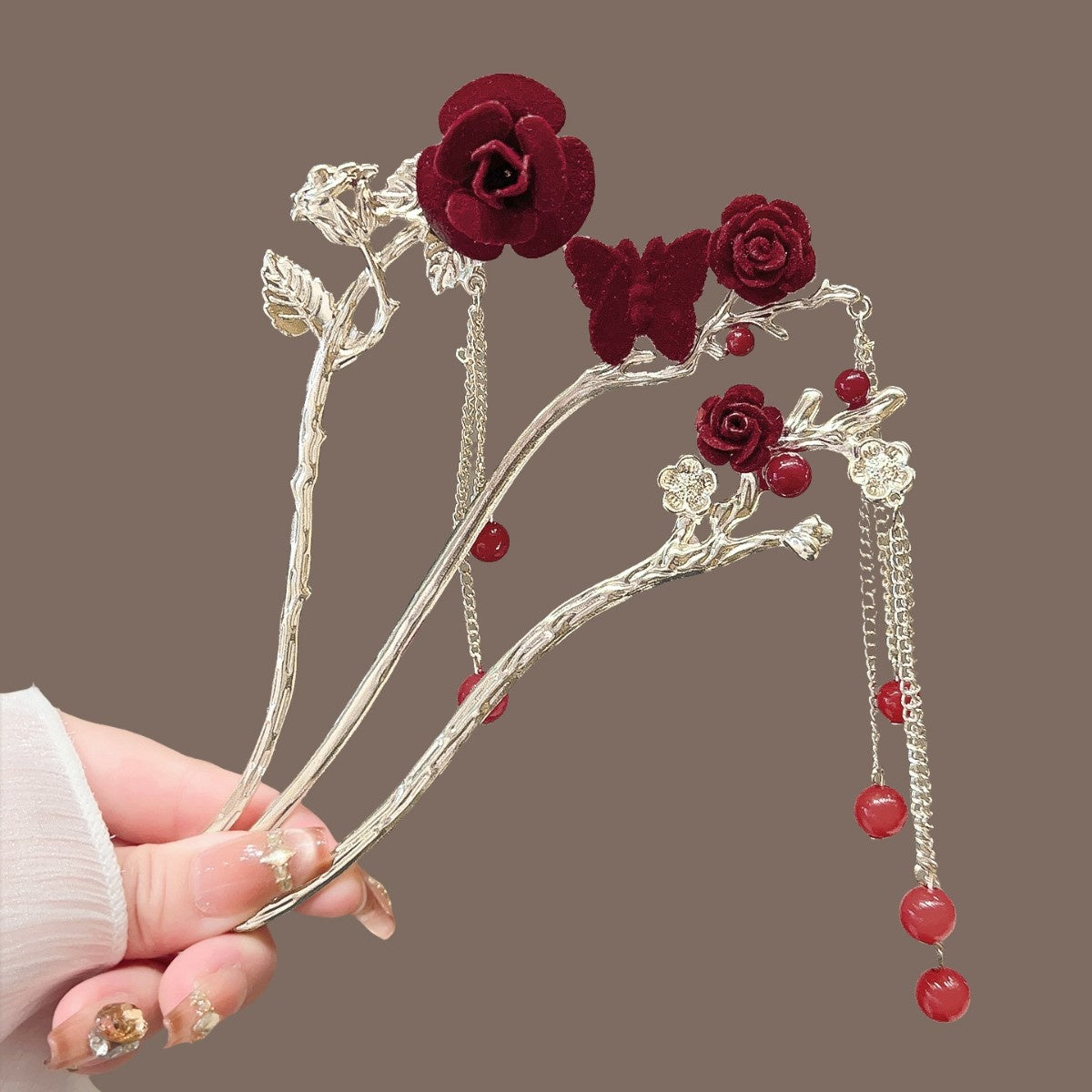 AutumnWinter Flocked Red Flower Hair Stick for Women Ma Mian Style