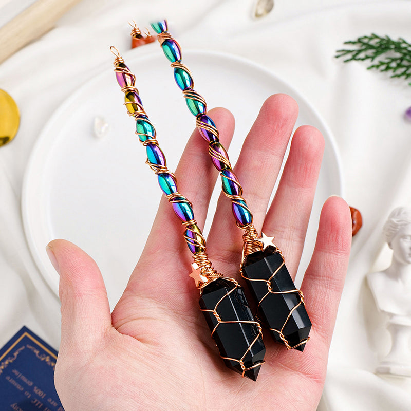 Pendentif à colonne double pointée obsidienne en cristal naturel