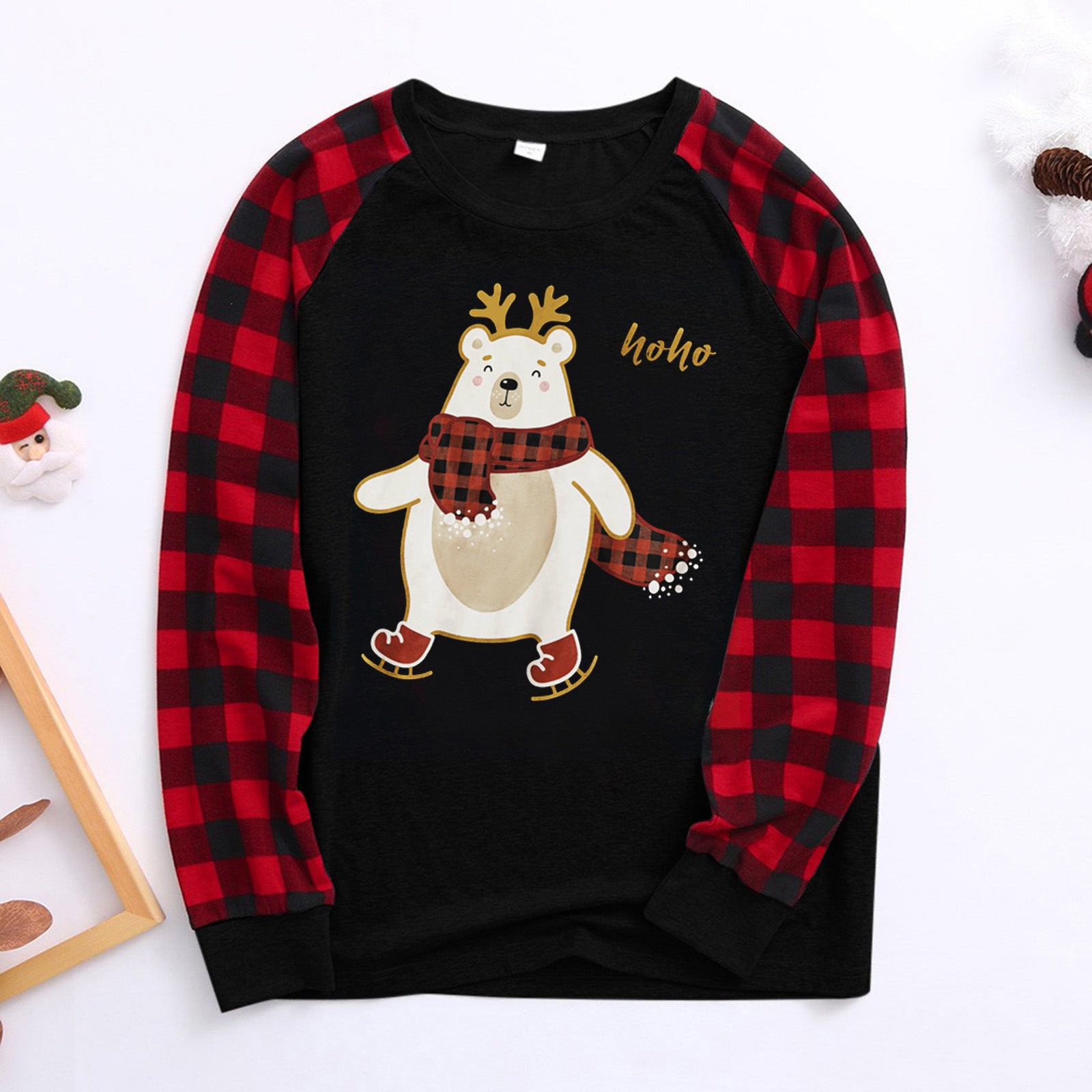 Ebay Christmas Plaid Cartoon Bear Imprimé Parent-enfant Port de longues manches Pajamas Homewear S