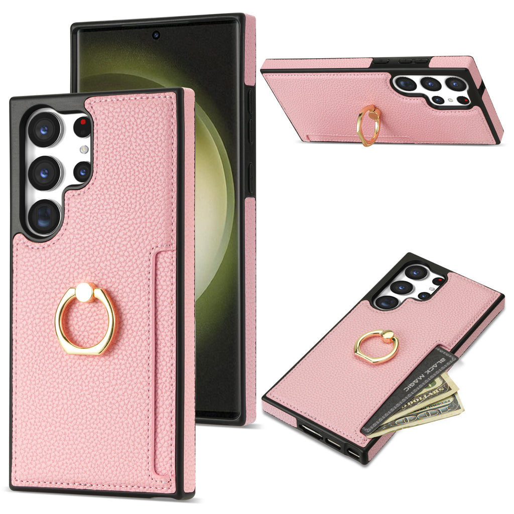 Style Litchi fixation carte bague Portefeuille anti-chute Shell