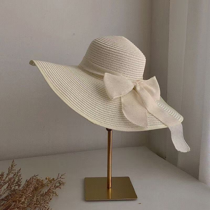 Chapeau de style français Bow Straw pour femmes Protection solaire d'été avec une large brim