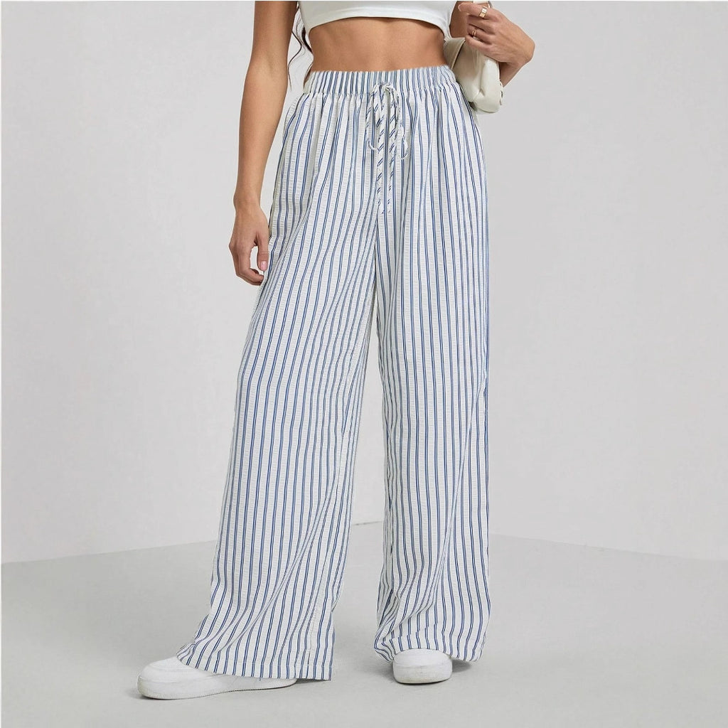 Femmes Haute taille rayée large pantalons de jambe élastique cordon de serrage libre ajustement Casual droit long