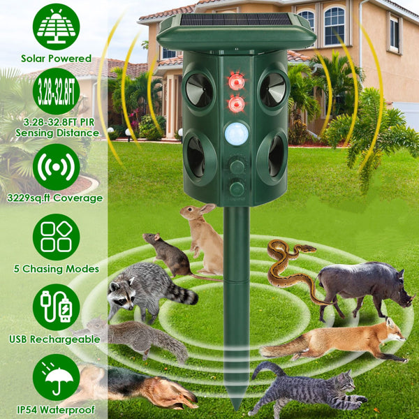 5 Modes Animal Repeller - Solar/USB Rechargeable