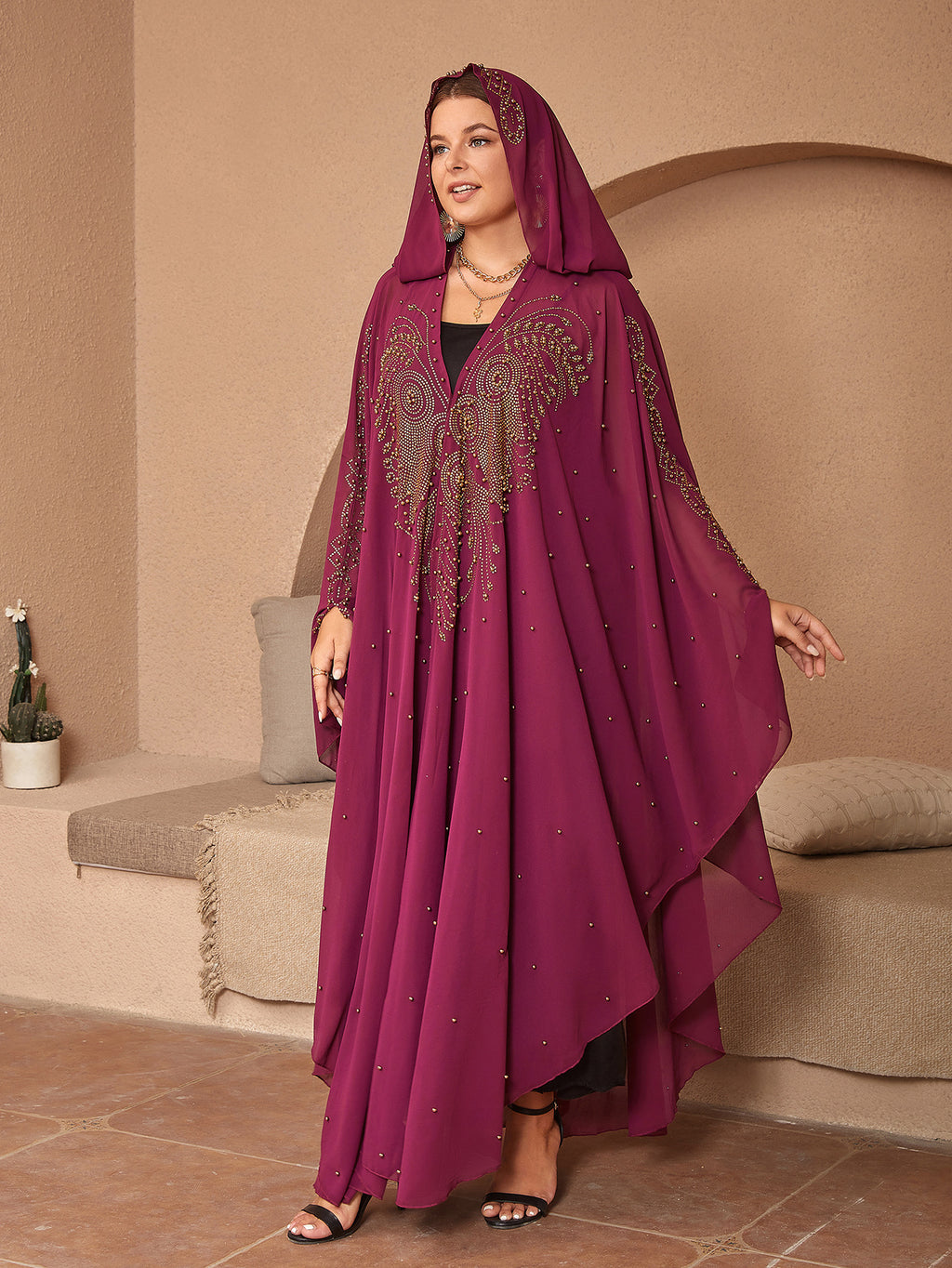 Style musulman Strass Perles Haute Densité Chiffon Cape Et Châle