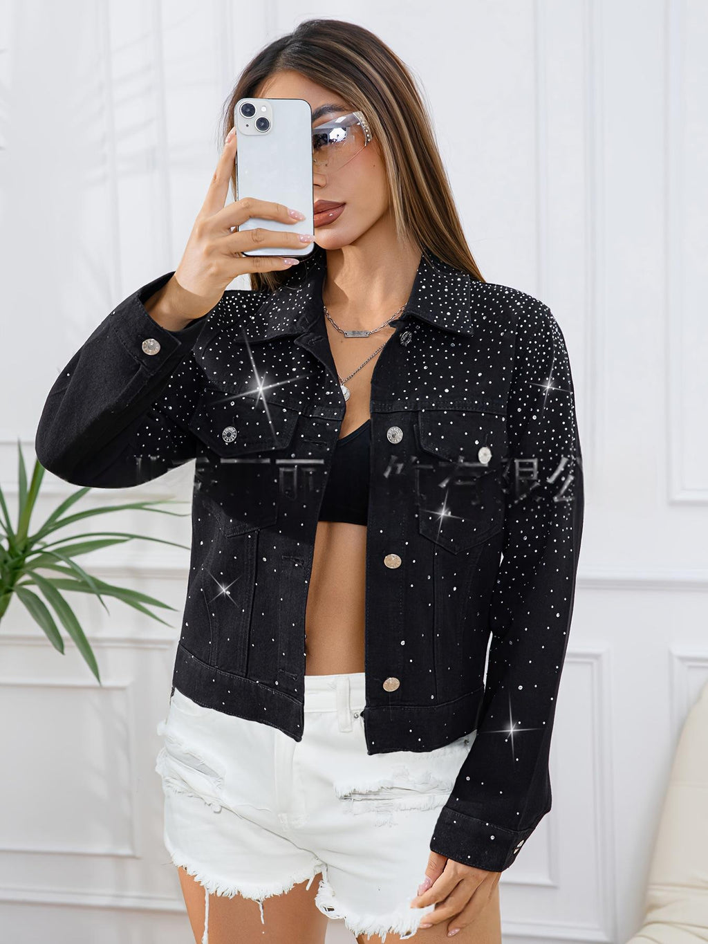 Femmes Non stretch Multi-diamond Genuine-pocket Noir manches longues Veste Denim Manteau
