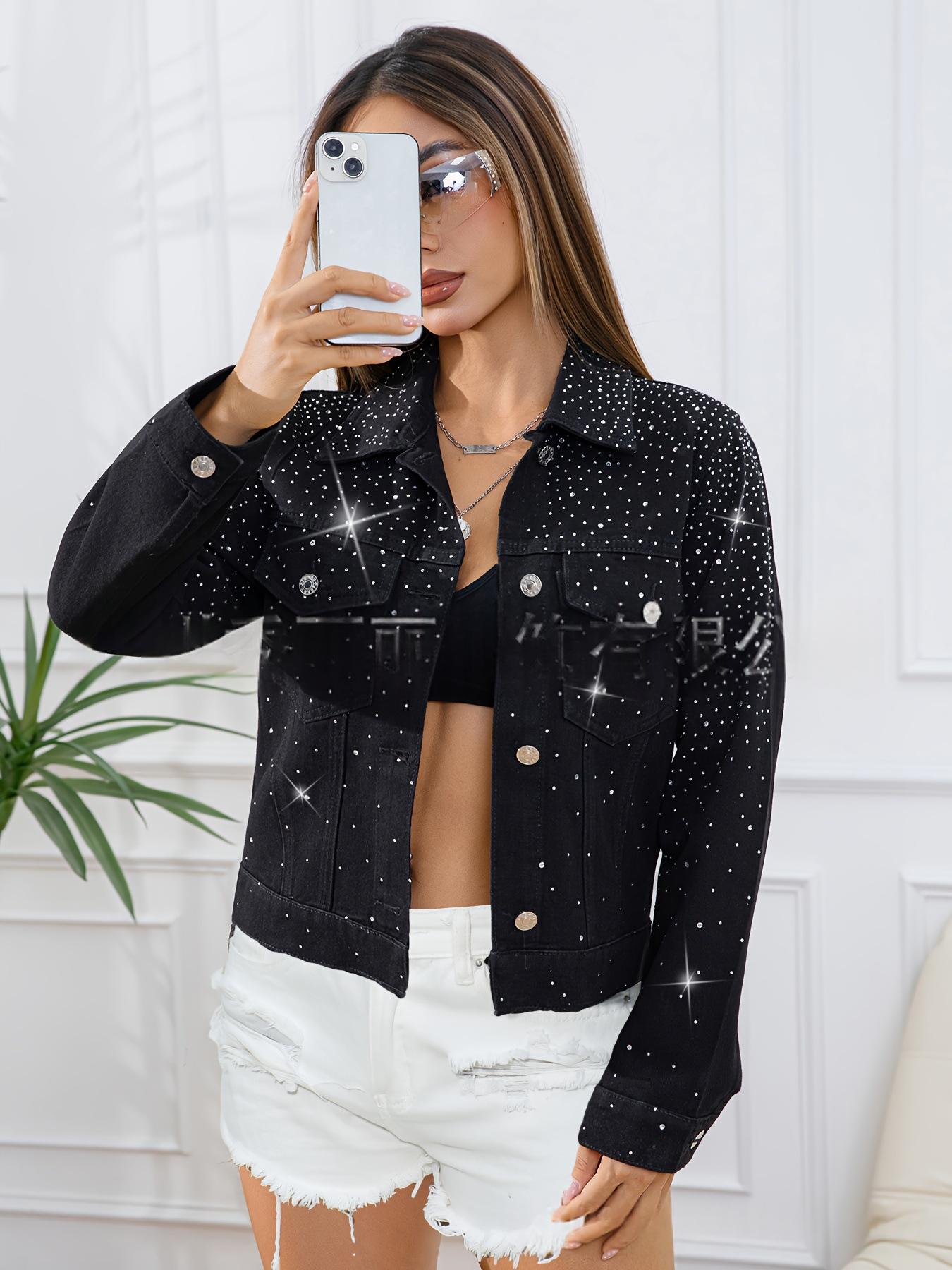 Femmes Non stretch Multi-diamond Genuine-pocket Noir manches longues Veste Denim Manteau