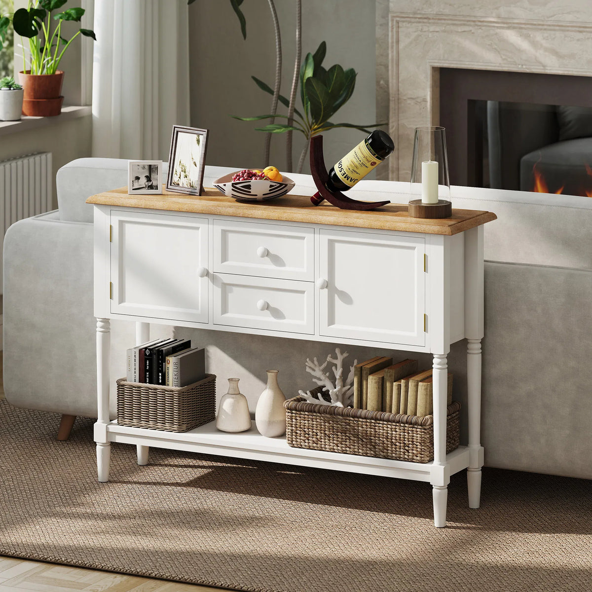 Table de console vintage avec 2 tiroirs et armoires