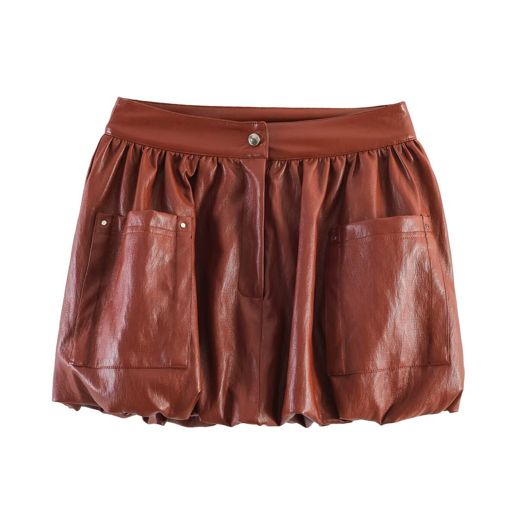 Rust Faux Leather 3 Piece Set Bomber Jacket & Mini Bubble Skirt & Bermuda Shorts