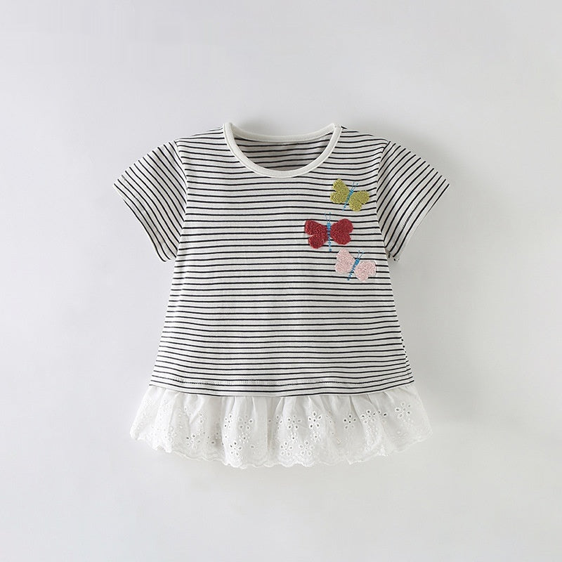 Été mignon petite fille cou d'équipage manches courtes