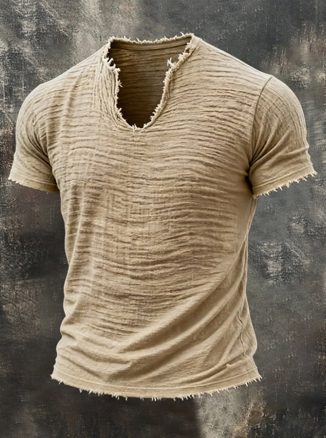 T-Shirt rétro doublé de coton avec l'ourlet en plumes et un manches courtes distinctive V-Neck