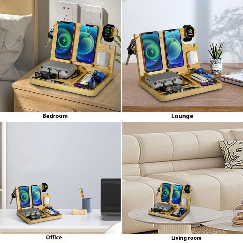 Support multifonctionnel de chargeur sans fil en bambou