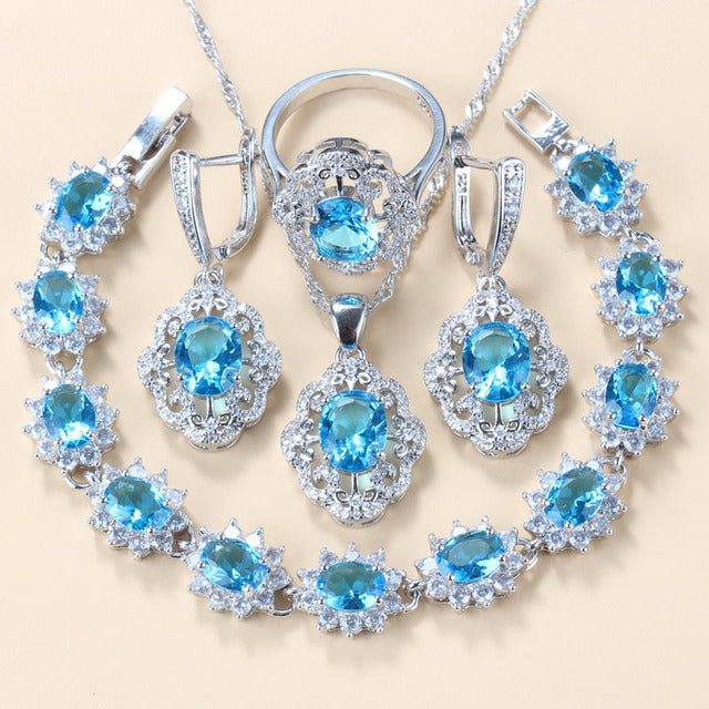Garnet Cubic Zirconia Boucles d'oreilles Collier pendentif Bracelet Bague Cadeau 4 PCs Set