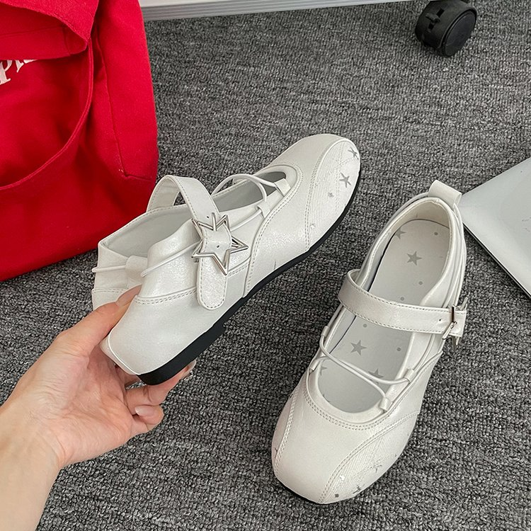 White Star Broderie Mary Jane Appartements Femmes Square Toe Buckle Strap Ballet Chaussures plates