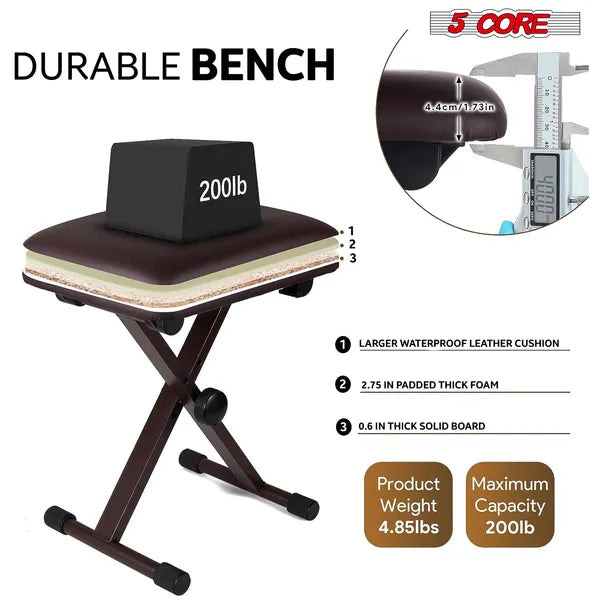 5 Core Keyboard Bench 2 pouces rembourré Piano Tabouret Hauteur réglable 19" Guitar Sea