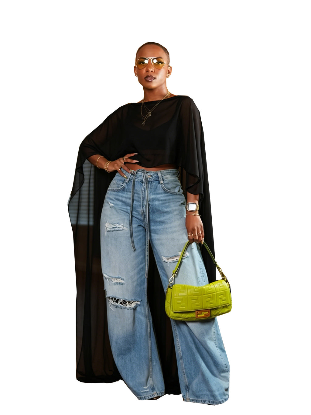 Élégantes femmes à l'aise Mesh Maxi Cape avec manches drapées Et un midriff-baraging T