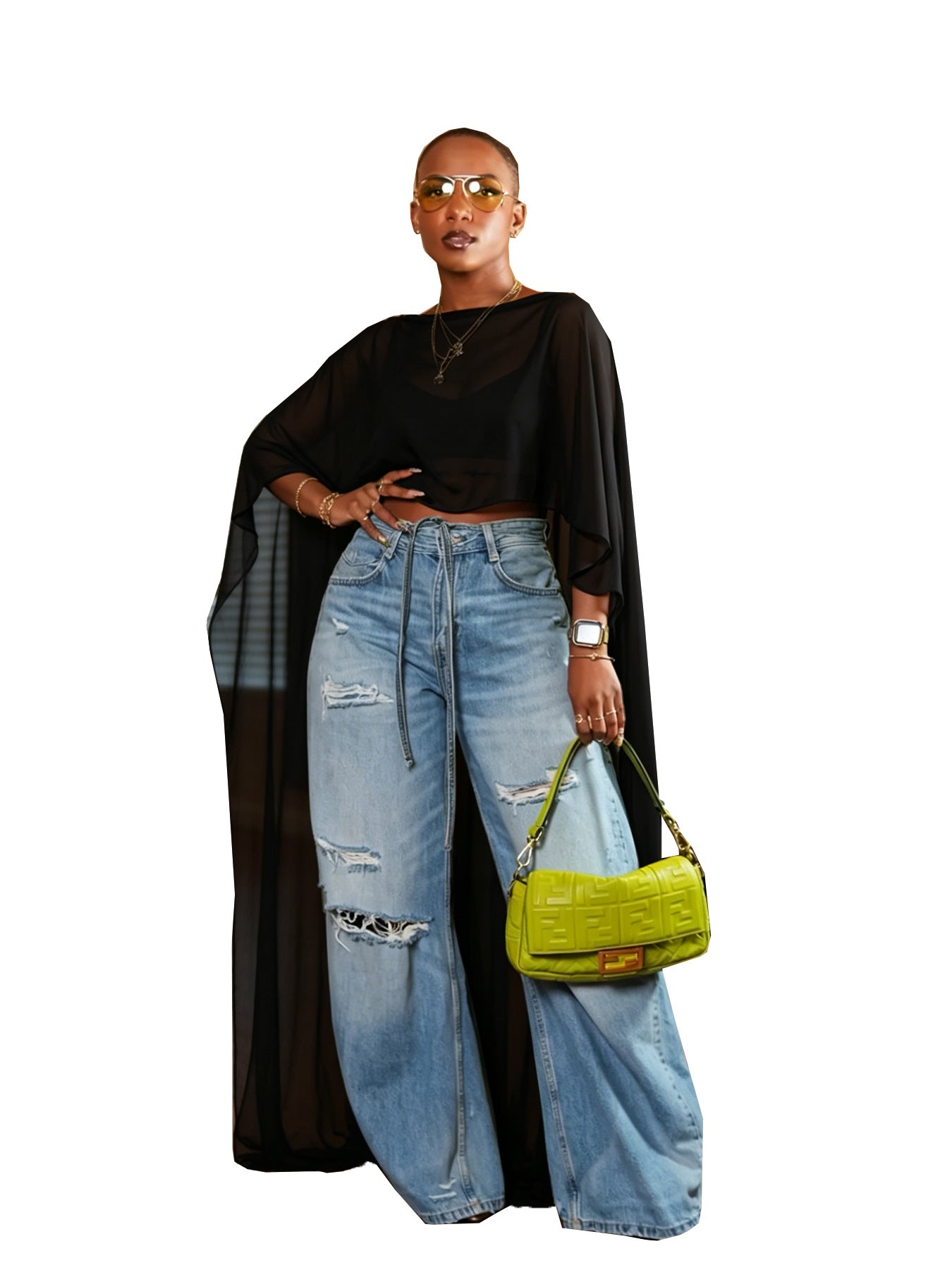 Élégantes femmes à l'aise Mesh Maxi Cape avec manches drapées Et un midriff-baraging T
