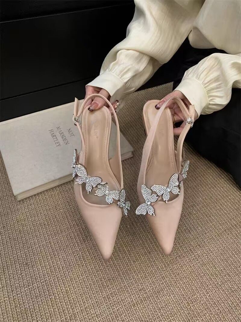 Femmes Élégant papillon Strass pointe d'orteil Dos Sandales de cheville coupées