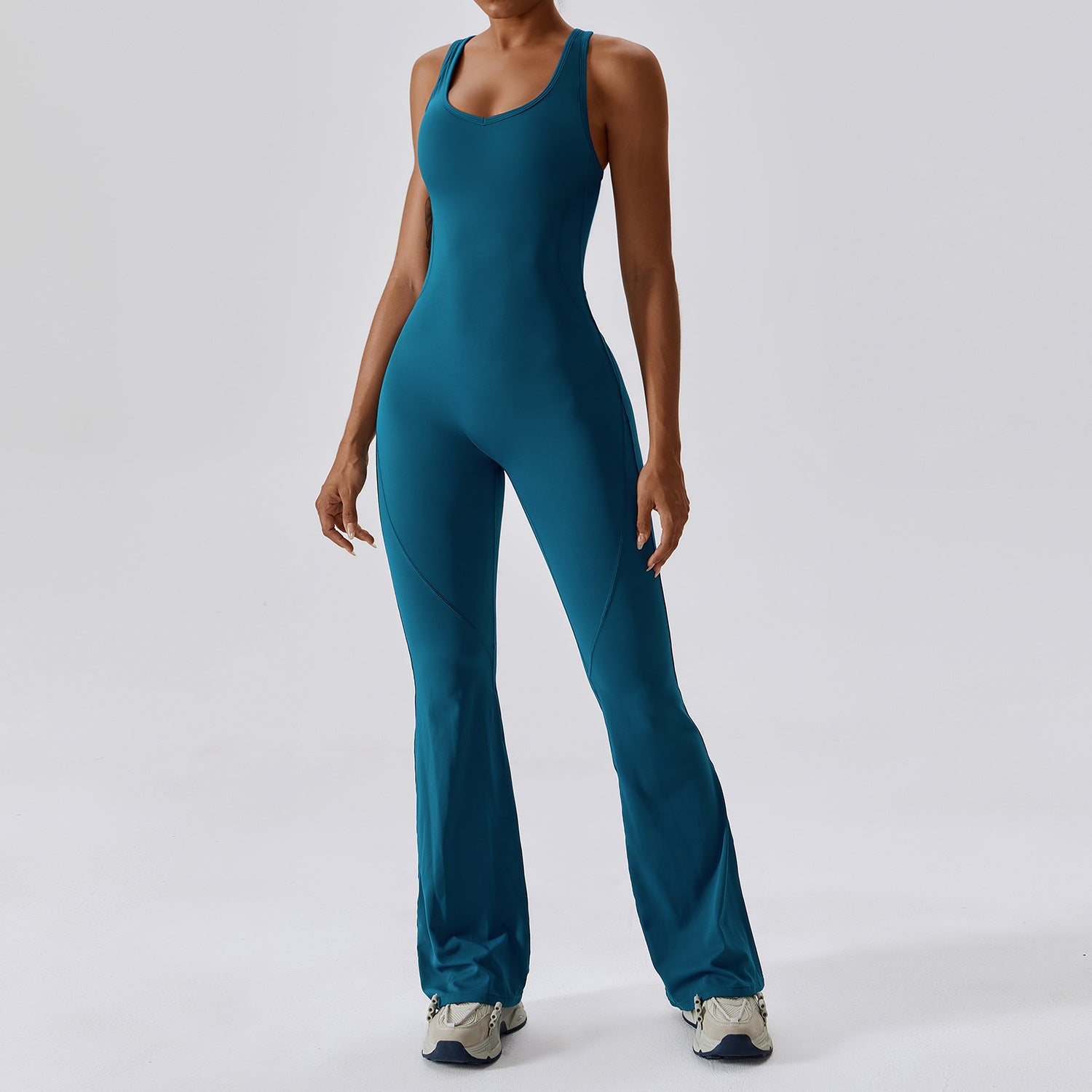 Femmes Quick Dry One Piece Yoga Jumpsuit Haute Taille Tummy Control Butt Lifting Flared Leg B