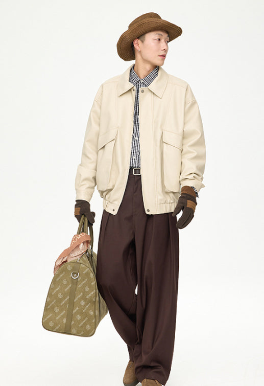 American Retro Street Tend Lapel PU Veste en cuir pour hommes