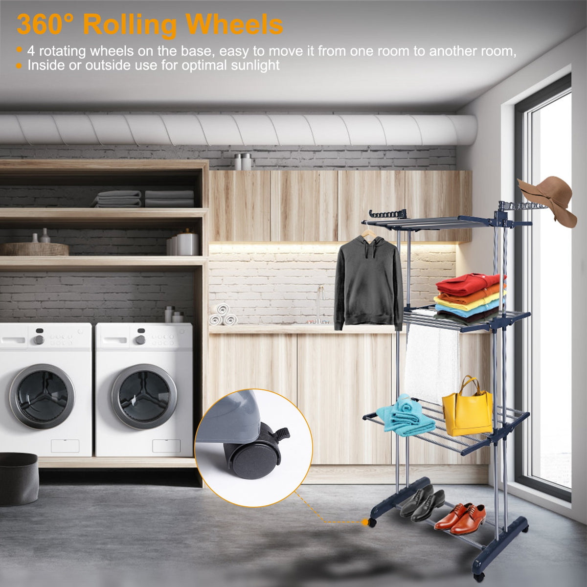 1Pc Vêtements Séchage Rack Rolling Lave-linge Collapsible Suspension rail Shelve Wardrob