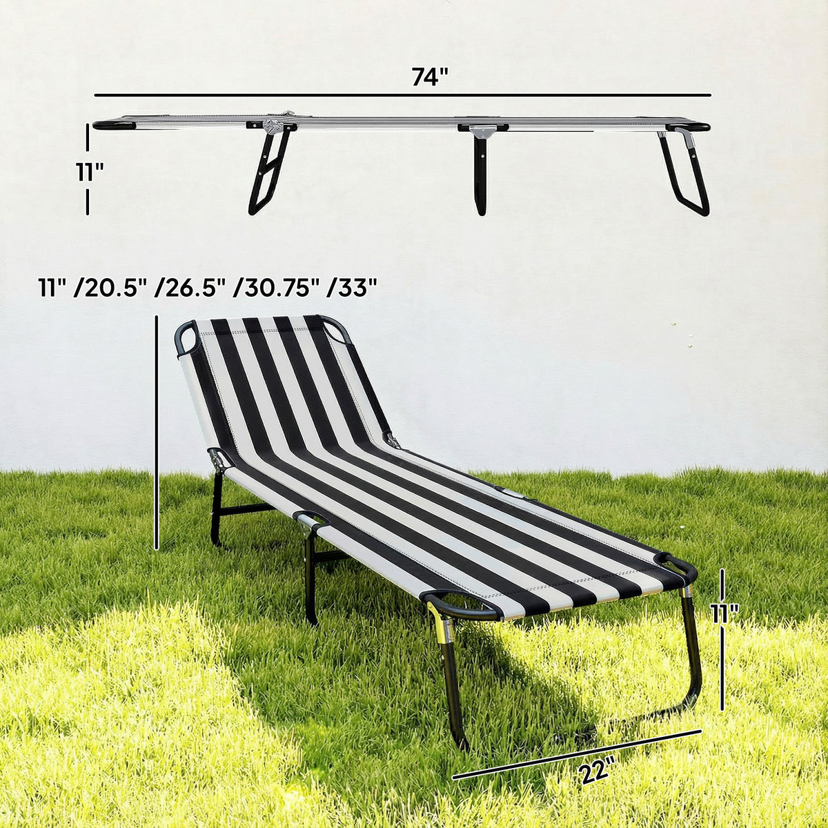 Foldable Adjustable Portable Sun Beach Lounger / Camping Cot - Black and White