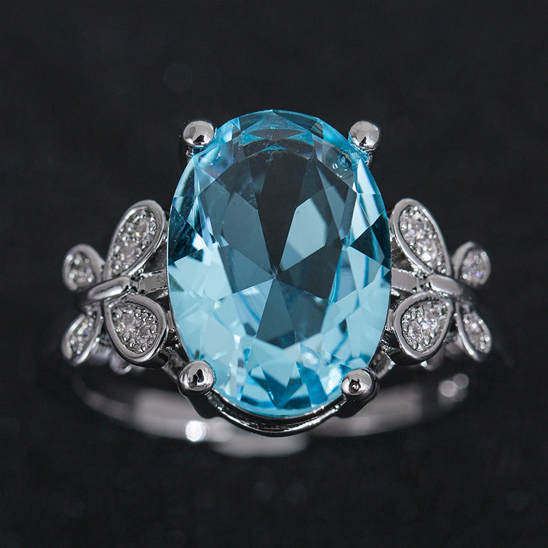Grandeur Sea Blue Zircon Ladies Ring Simple Bow Ring Ring