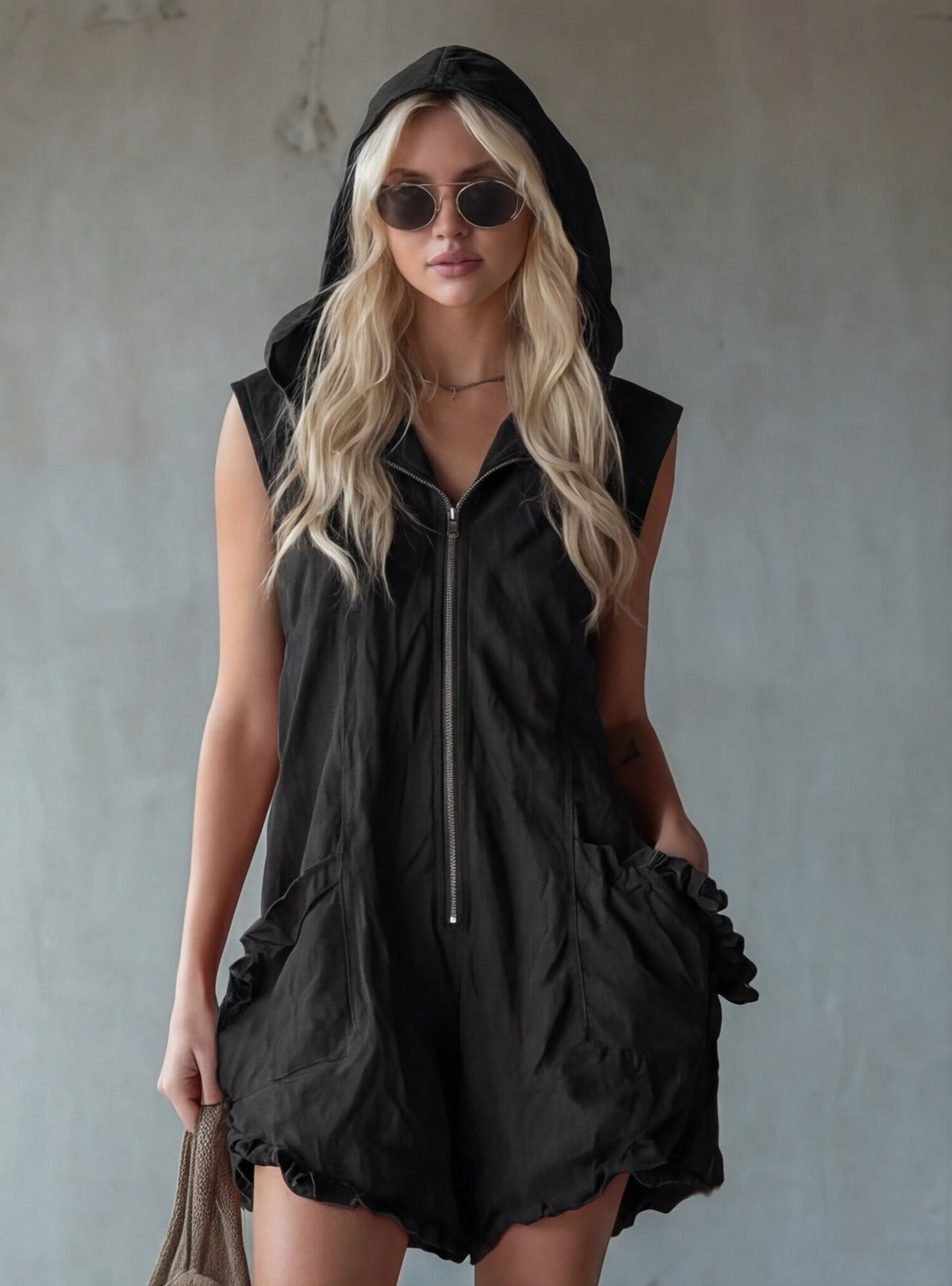 Style vintage Zip-up à capuche sans manches Linge de maison