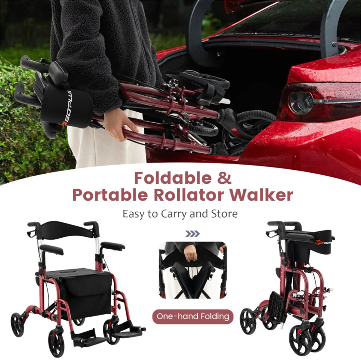 2-en-1 Walker roulant et fauteuil roulant (300lbs): poignées réglables à 6 niveaux