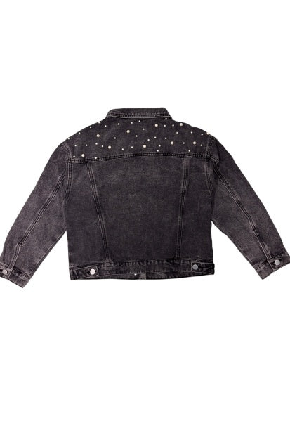 Femmes Perle Studded Denim Veste noir lavé embelli Jean Veste Mode Streetwear O