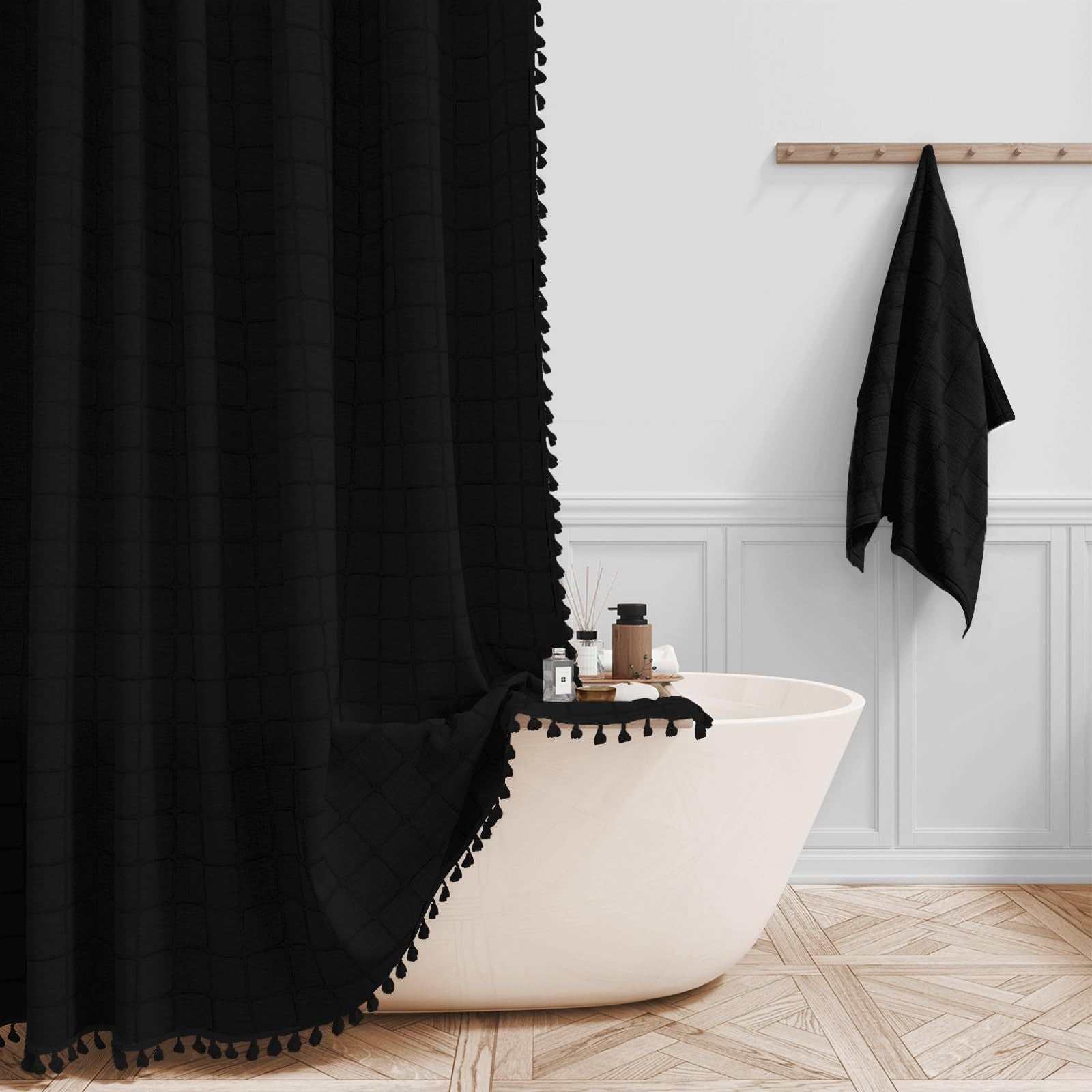 Tencel-linen Checkered Tassel Salle de bain Checkered Partition Rideau de douche imperméable Curta