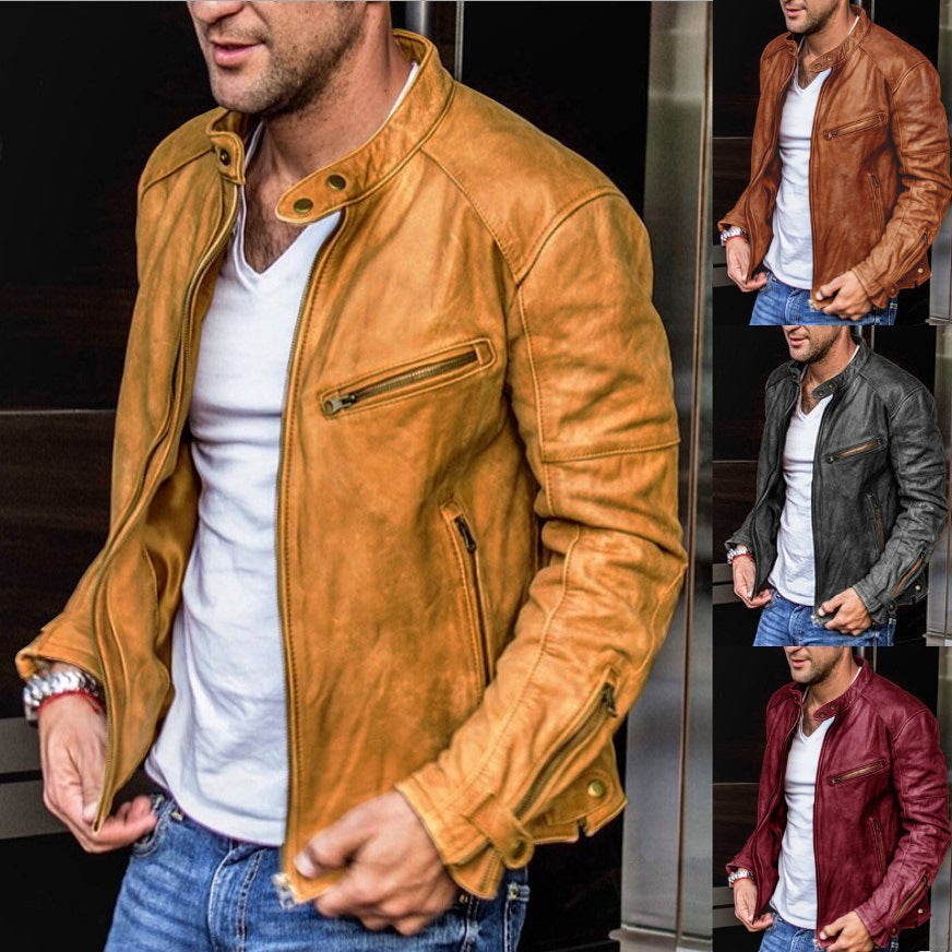 Automne Hiver Hommes PU En cuir Stand Collar Punk