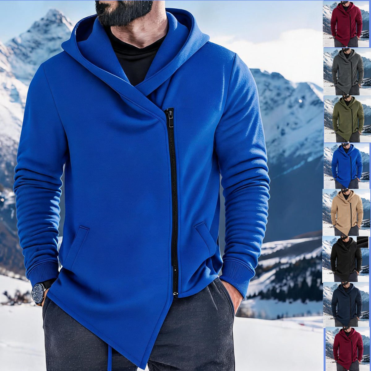 Hoodie hommes doublée de polaire avec une fermeture éclair inclinée
