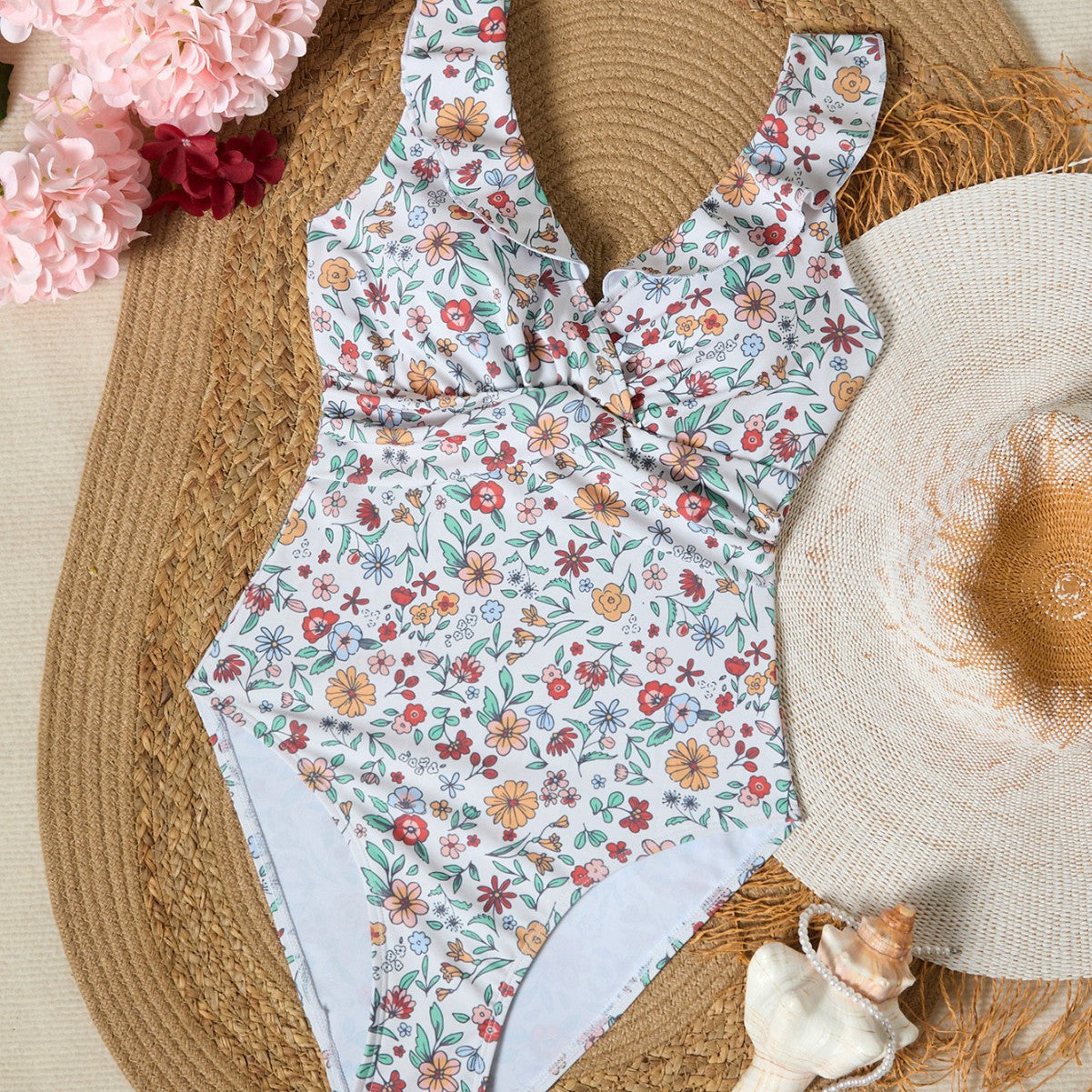 Manteau à noeuds encastré Floral-print Col en V profond Maillot de bain en une pièce