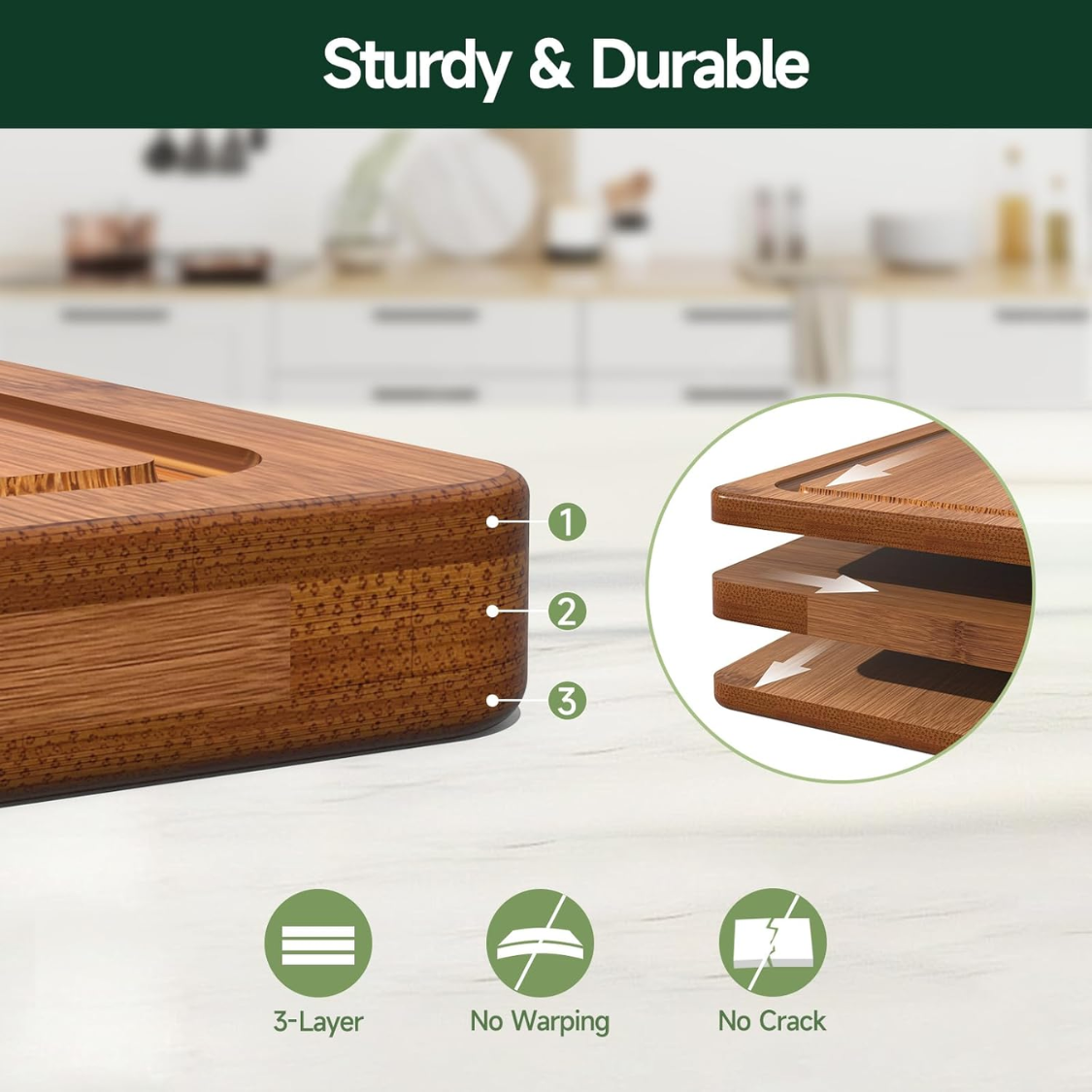 3-Piece Set Deep-Carbonized Bamboo Planche de coupe pour la cuisine Crack résistant au bois