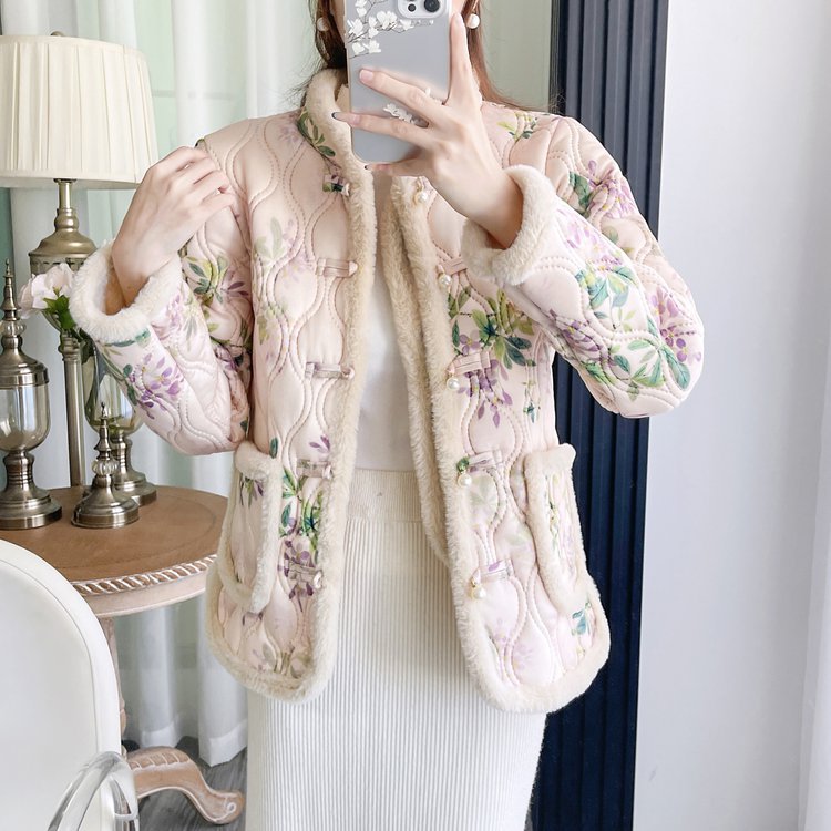 Femmes Retro Grenouille-Button Floral Velvet-Line de coton rembourré