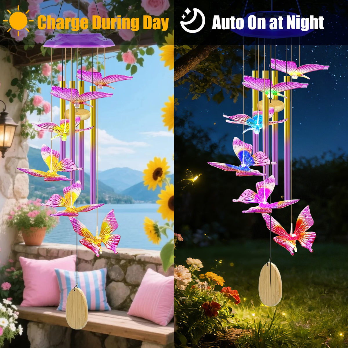 1Pc Solar Butterfly Wind Chime avec tubes en aluminium 7 couleurs changeantes de vent Chime pour l'extérieur