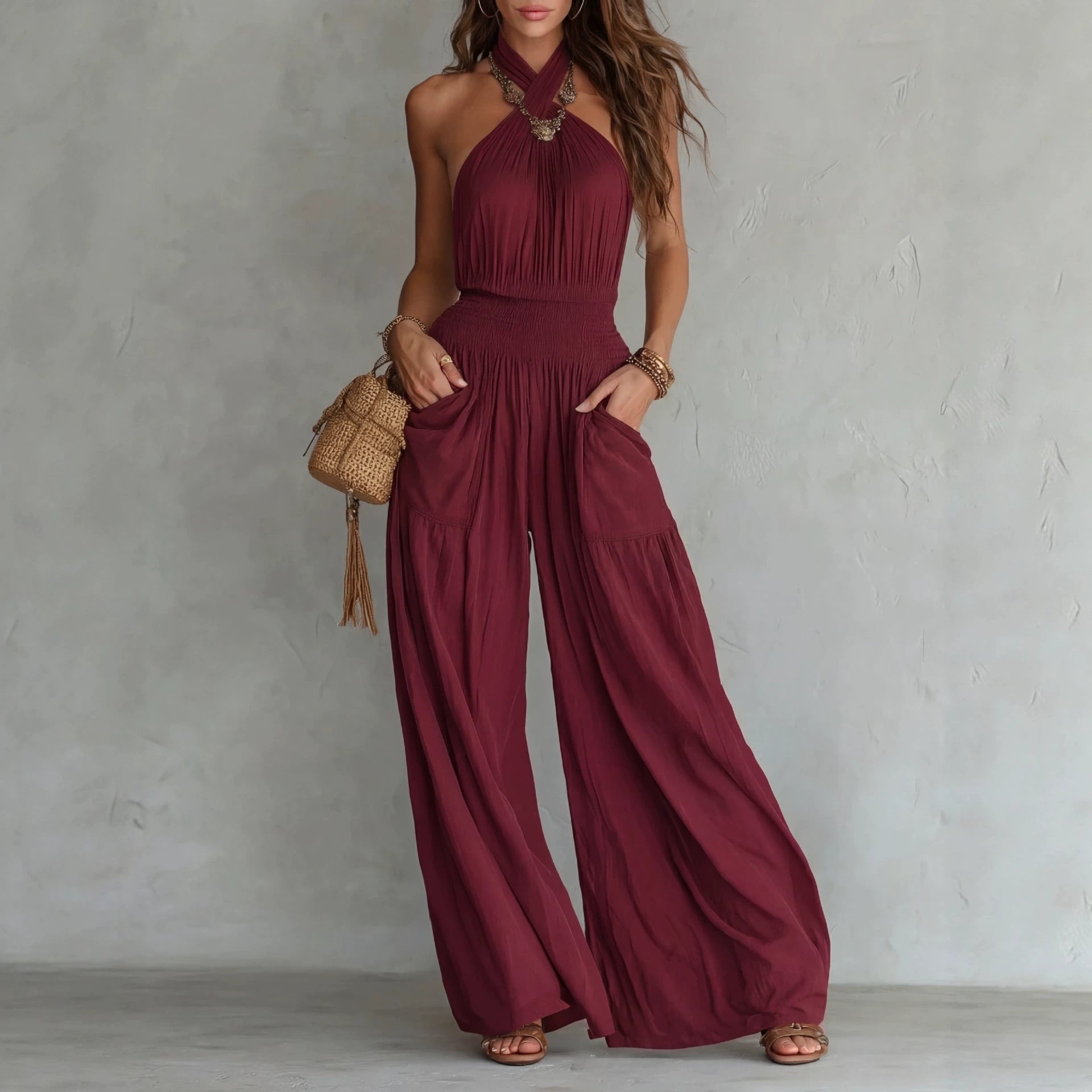 Cross border Women Vêtements Export Bohemian Style Backless Sleeveless Large Leg Jumpsuit Wi