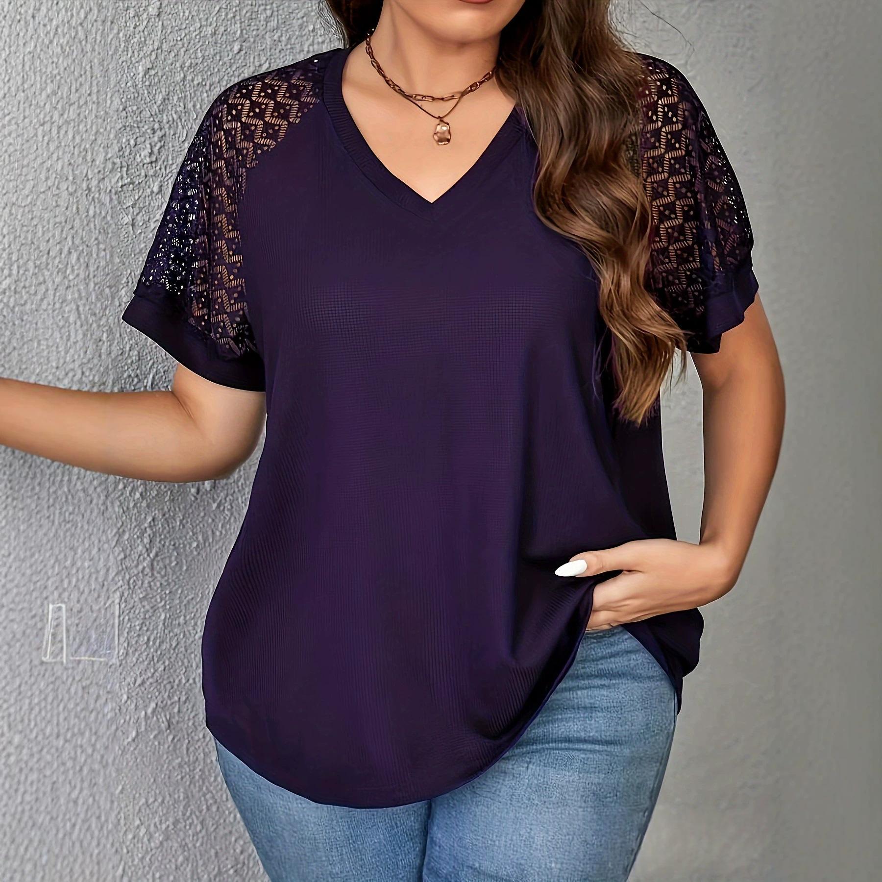 Élégante Dentelle-Patchwork Hollow-Out T-Shirt Femmes Casual manches courtes