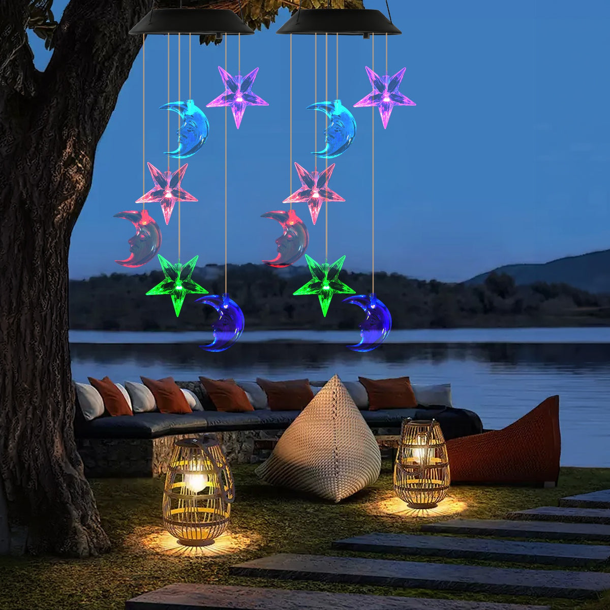 1Pc 2Pc Quantity Options Solar Moon and Star Wind Chime 7 Color Changing Wind Chime for Outdoor