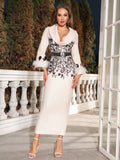 Vêtements pour femmes imprimé Sexy Long Sleave Feather Ceinture Bandage Robe formelle